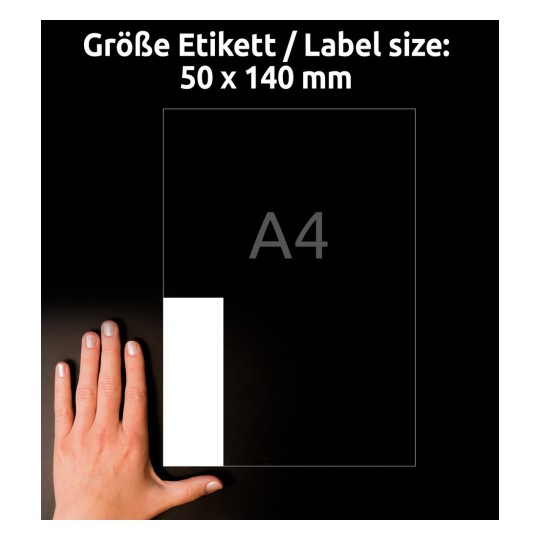 Kuva näyttää käden vieressä kokomerkinnän, joka ilmoittaa mitat 50 x 140 mm ja viittaa A4-kokoon.