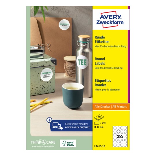 Pakkauskuva: Avery Zweckform Pyöreät etiketit, Tuote: L3415-10, Koko: ⌀ 40 mm, Tulostus: Mustesuihku,Mustavalkolasertulostin,Värilasertulostin, Sisältö: 240 etikettiä / 10 arkkia, 24 etikettiä/arkki.