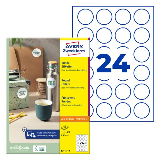 Pakkauskuva etikettilomakkeella: Avery Zweckform Pyöreät tarrat, Artikkeli: L3415-10, Koko: ⌀ 40 mm, Tulostuskelpoisuus: Inkjet, Mustavalkolasertulostin, Väritulostin, Sisältö: 240 tarraa / 10 arkkia, 24 tarraa/arkki.