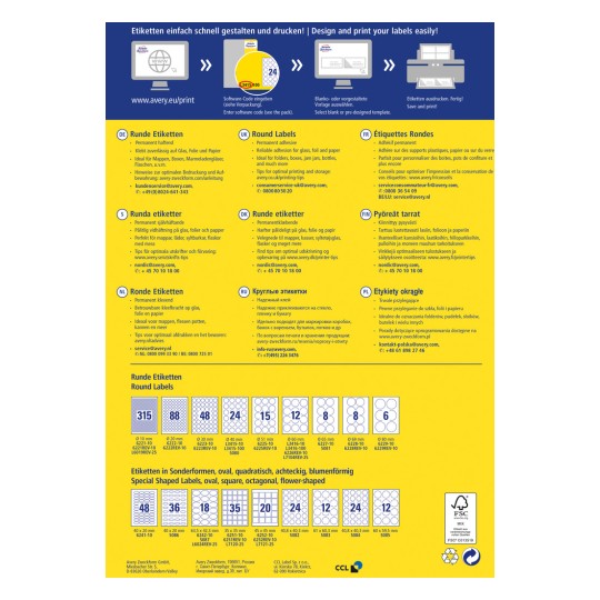 Kuva sisältää tietoa pyöreiden etikettien suunnittelusta ja tulostuksesta, mukaan lukien vinkkejä optimaaliseen tulostukseen sekä monen kokoisia etikettejä eri kielillä.