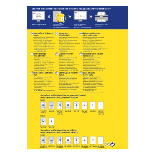 Kuva on opas Avery-etikettituotteille, ja siinä kuvataan niiden ominaisuuksia, kuten kestävyys, vedenpitävyys ja liimaominaisuudet. Se sisältää käyttöohjeet, eri etikettityyppien tekniset tiedot sekä yhteystiedot. Siinä käytetään useita kieliä, kuten saksaa, ranskaa, hollantia ja puolaa.