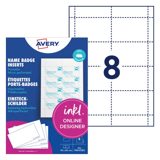 Pakkauksen kuvaus etikettilehtien kanssa: Avery Zweckform, artikkeli: L4728-20, sisäänrakennettavat lipukkeet, koko: 60 x 90 mm, tulostustarkoitus: mustesuihku, värilasertulostus, mustavalkolasertulostus, kopiokone, sisältö: 160 sisäänrakennettavaa lipuketta / 20 arkkia, 8 korttia/arkki.