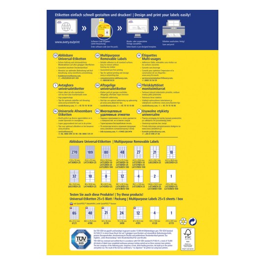 Kuva esittää oppaan irrotettavien etikettien suunnitteluun ja tulostamiseen, mukaan lukien tuotemäärittelyt, koot ja etiketit, joita voidaan käyttää eri pinnoilla. Se sisältää monikielisiä ohjeita ja yksityiskohtia eri tyyppisistä Avery-etiketeistä.