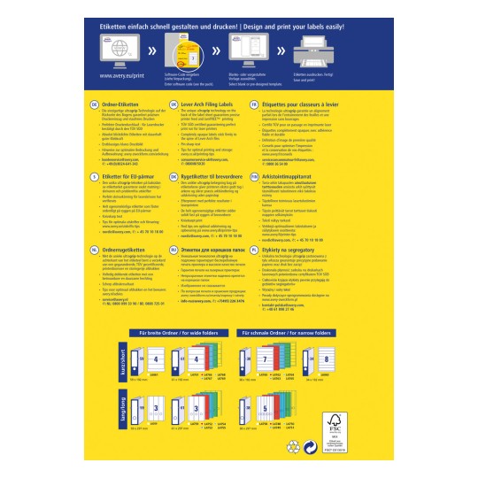 Tietografiikka tarratulostuksesta, sisältäen ohjeet ja opastusta useilla kielillä, erilaisten tarratyyppien ja arkistointi- sekä säilytysmääritysten yksityiskohtainen esittely.
