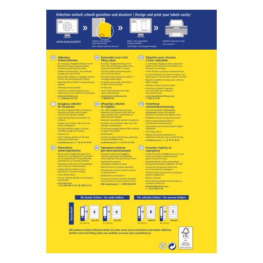 Informatiivinen grafiikka irrotettavista vivulla varustetuista arkistointilapuista, joka sisältää monikieliset ohjeet ja kuvat tarratulostukseen ja -järjestämiseen.