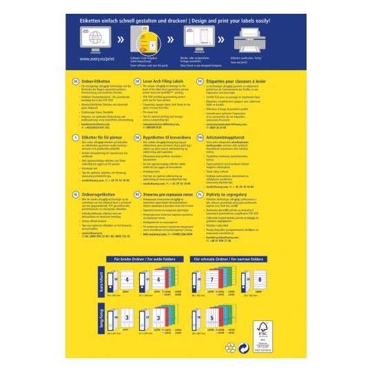 Kuva on mainos etikettien tulostamisesta ja suunnittelusta, jossa on tietoa erilaisista kansioiden etiketeistä, tulostusvinkkejä ja visuaalinen opas erikokoisille ja -tyyppisille etiketille. Teksti on kirjoitettu useilla kielillä, mukaan lukien saksa, englanti, tanska, suomi, venäjä ja puola.
