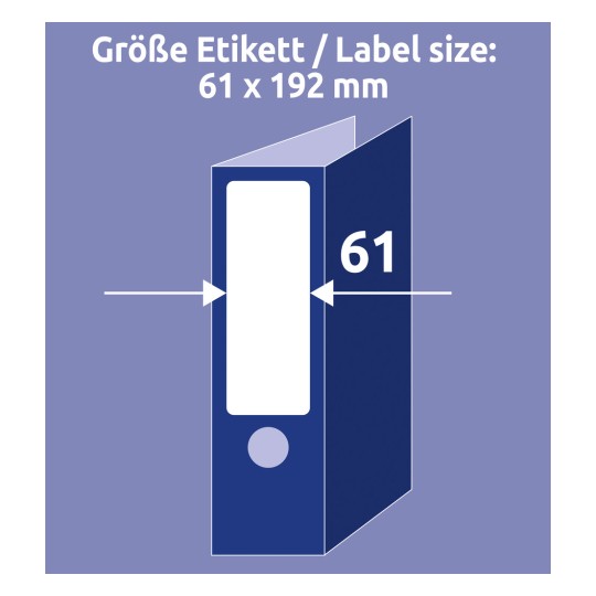 Tämä kuva esittää kaavion, joka havainnollistaa kansion tai mapin etiketin mittoja, kooltaan 61 x 192 mm. Koko on selvästi merkitty, ja mukana on visuaalinen esitys etiketin sijainnista kansiossa.