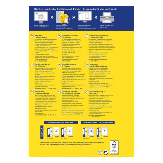 Tämä kuva sisältää tietoja Averyn irrotettavista kaarimekanismitarroista. Se sisältää tietoja suunnittelusta, tulostusvaihtoehdoista ja eri kielillä esitettyjä vastaavia tietoja tuotteen ominaisuuksista ja erittelyistä.