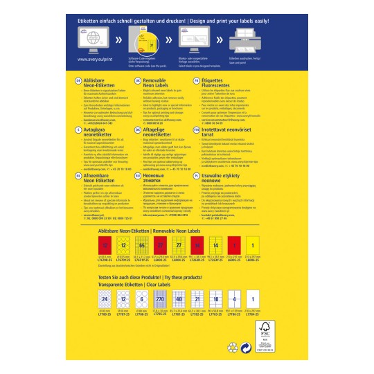 Tämä kuva on mainosdesign Avery-irrotettaville neon-etiketeille, ja siinä esitellään tuotetietoja, ominaisuuksia ja ohjeita useilla kielillä. Se esittelee erilaisia etikettityyppejä, -kokoja ja käyttövinkkejä.