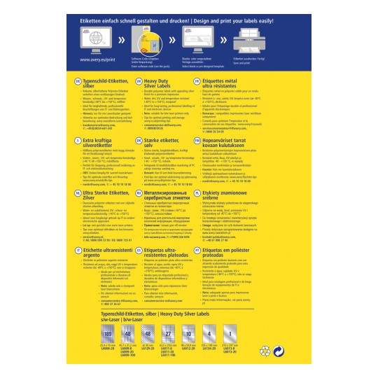 Kuva esittelee erilaisia raskaan käytön hopeisia tarroja, joita on saatavilla Averyltä, yksityiskohtaisesti eri kielillä olevat käyttöohjeet ja -suositukset.