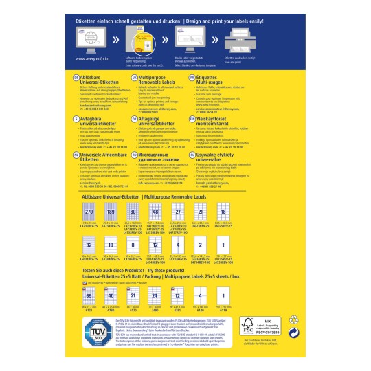 Kuva sisältää tietoa Averyn irrotettavista tarroista, mukaan lukien tuotetiedot, koot ja tulostusohjeet. Se tarjoaa erilaisia kielivaihtoehtoja ja esittelee tarroja, jotka sopivat eri käyttökohteisiin.