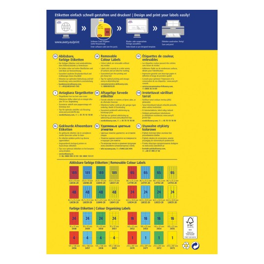 Kuva esittelee Averyn värikkään etikettisuunnitteluoppaan, joka sisältää erilaisia etikettityyppejä, -kokoja ja tulostusohjeita. Se sisältää tietoa useilla kielillä irrotettavista värillisistä etiketeistä ja organisaatioetiketeistä.
