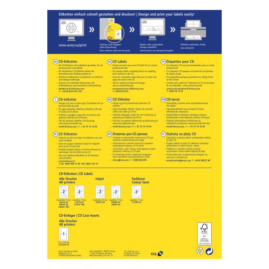 Kuva on opas CD-levyjen etikettien luomiseen ja tulostamiseen. Se sisältää ohjeet useilla kielillä, vinkkejä käyttöön ja tuotekoodit erilaisille etiketeille. Suunnittelu on kirkas ja sisältää grafiikkaa helpottamaan ymmärtämistä.