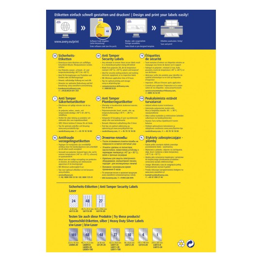 Kuva on esite turvasinettilapuille, joissa esitellään niiden ominaisuudet, materiaalin tekniset tiedot, käyttöohjeet ja saatavilla olevat koot useilla kielillä. Se sisältää yhteystiedot ja käyttöehdotuksia.