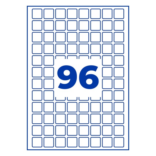 Sinisellä ääriviivalla piirretty pienten neliöiden ruudukko, jonka keskellä on suuri sininen numero 96?