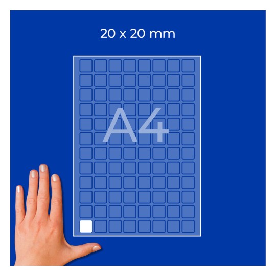 Käsi A4-ruudukkoarkin vieressä, jossa lukee 20 x 20 mm ja jossa on pieniä neliömäisiä ruutuja?