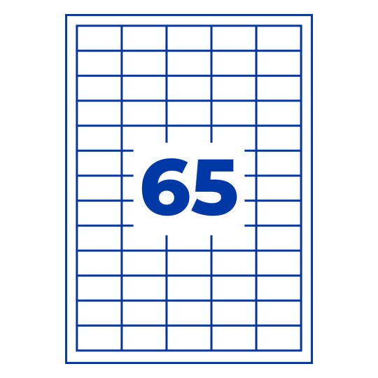 Valkoinen ruudukko sinisillä viivoilla ja keskellä suuri sininen numero 65?