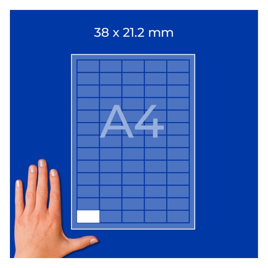 Käsi sinisen A4-ruudukko-kaavion vieressä, jossa lukee 38 x 21,2 mm?