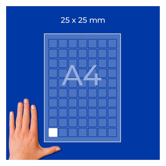 Ylhäältä kuvattu näkymä A4-arkista, joka on täytetty 25 x 25 mm:n neliötarroilla, ja vasemmassa alakulmassa oleva käsi?