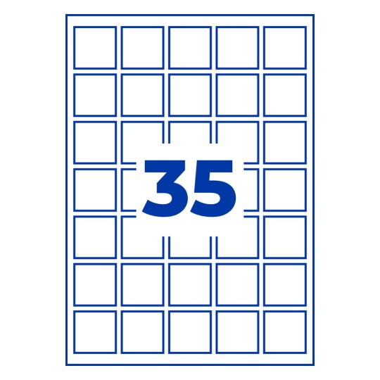Ruudukko tyhjiä sinireunaisia neliöitä, joiden keskellä suuri sininen numero 35?