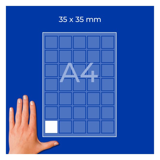 A4-arkki, jossa on 35×35 mm:n ruutujen ruudukko, yksi valkoinen ruutu ja käsi vasemmassa alakulmassa?