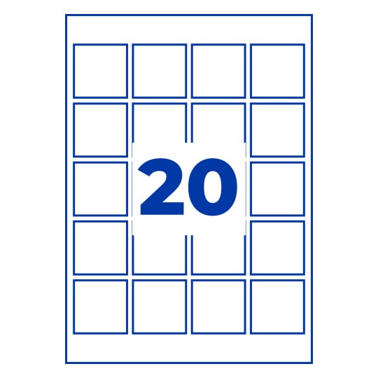 20 sinisellä ääriviivalla rajatun neliön ruudukko, jonka keskellä on suuri sininen numero 20?