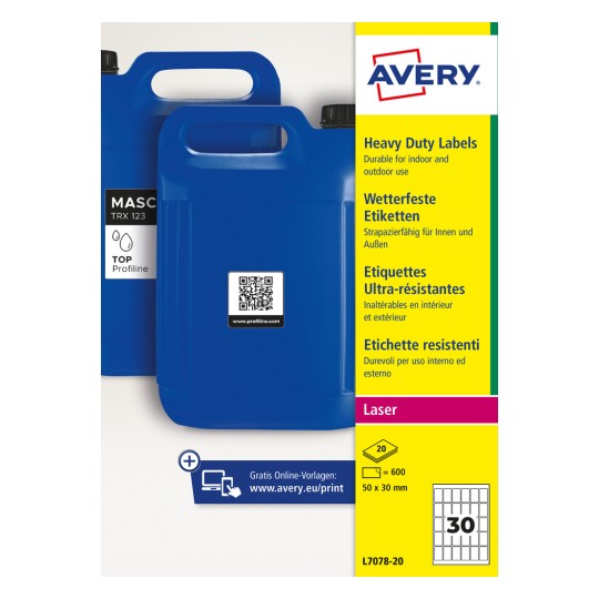 Siniset muoviset kanisterit QR-etiketillä ja Avery Heavy Duty -etiketeillä – pakkaussuunnittelu?