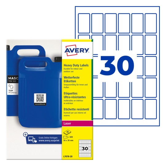 Erittäin raskaan käytön tarrapakkaus, jossa sinisiä jerrykannuja ja suuri numero 30?