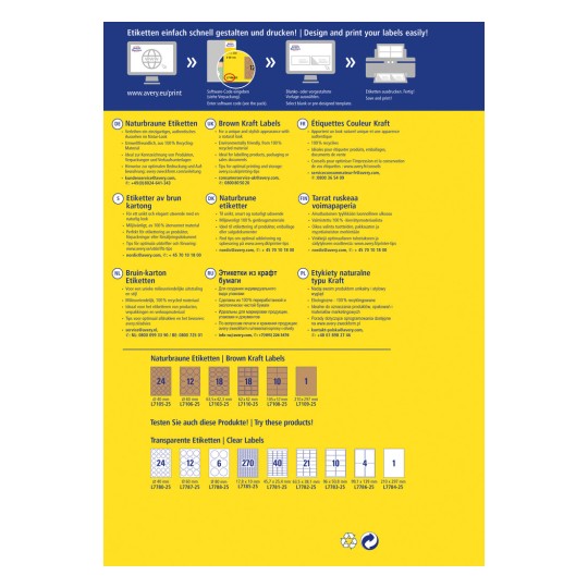 Kuvassa esitellään Averyn tarjoamia eri etikettejä, korostaen Brown Kraft -etikettejä ja niiden ominaisuuksia. Se sisältää tietoja materiaaleista, tulostusvinkkejä ja asiakaspalvelun yhteystiedot useilla kielillä.