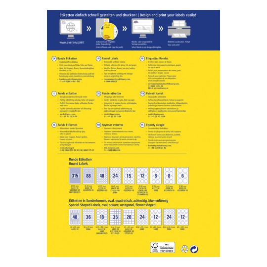 Kuva on esite tai juliste, jossa on tietoa pyöreistä tarroista sekä ohjeet ja eritelmät eri kielillä. Se esittelee Avery-brändin tietoa tarrojen suunnittelusta ja tulostamisesta, tarjoten mitat ja esimerkkejä tarramuodoista sekä yhteystiedot.