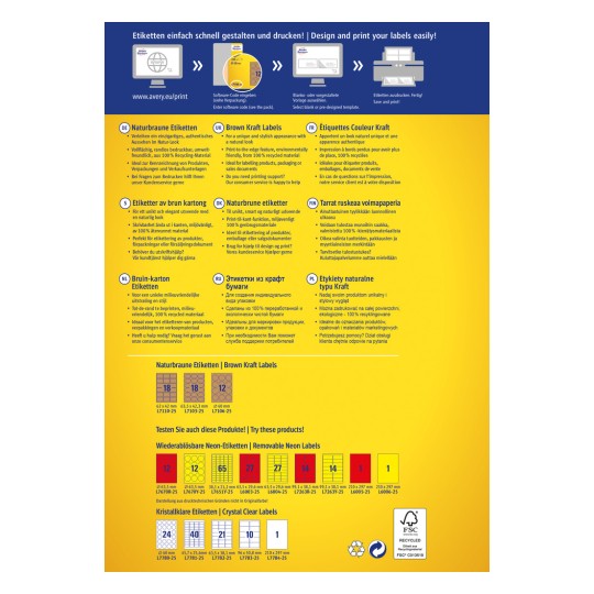 Kuva esittää monikielisen mainoksen etikettien suunnittelusta ja painatuksesta, sisältäen tiedot ruskeista kraft-etiketeistä, niiden ominaisuuksista ja käytöstä. Siinä on esitelty tuotteen mitat, saatavilla olevat etikettityypit ja tietoa myynninedistämistuesta.
