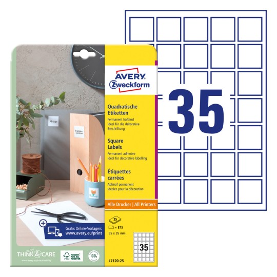 Pakkauskuva etikettien arkkien kanssa: Avery Zweckform Neliönmuotoiset etiketit, Artikkeli: L7120-25, Koko: 35 x 35 mm, Tulostuskelpoisuus: Mustesuihku, Mustavalkolaseri, Värilaseri, Sisältö: 875 etikettiä / 25 arkkia, 35 etikettiä/arkki.