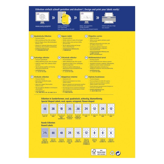 Tämä kuva esittelee Averyn etikettimallien ja tulostusvaihtoehtojen luettelon, joka sisältää neliömäisiä, suorakulmaisia, ovaaleja, pyöreitä ja erikoismuotoiltuja etikettejä, useilla kielillä olevien kuvausten ja tulostusvinkkien kera.