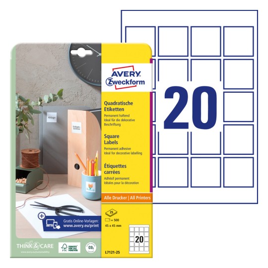 Pakkauskuva etikettilehdillä: Avery Zweckform Neliömäiset etiketit, Artikkeli: L7121-25, Koko: 45 x 45 mm, Tulostuskelpoisuus: Mustesuihku, mustavalko- ja värilasertulostimet, Sisältö: 500 etikettiä / 25 arkkia, 20 etikettiä/arkki.