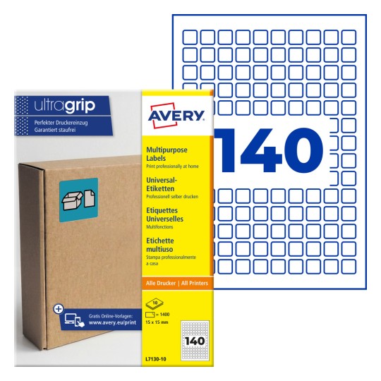 Avery Ultragrip -monikäyttöisten tarrojen pakkaus, jossa näkyy 140 pientä neliönmuotoista tarraa ja pahvilaatikko?