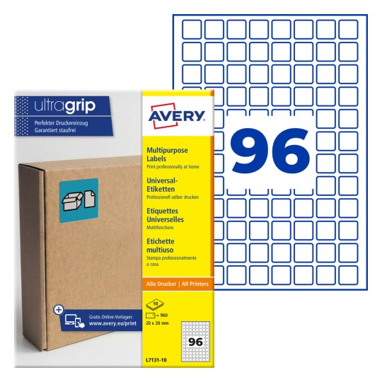 Avery Ultragrip -monikäyttöinen tarrapakkaus, jossa näkyy 96 sinistä neliönmuotoista tarraa ja pakkaus?