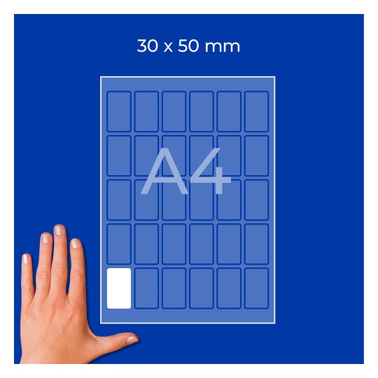 Käsi A4-arkin vieressä, jossa näkyy 30 × 50 mm:n ruudukko tarraetikettisuorakulmioita?