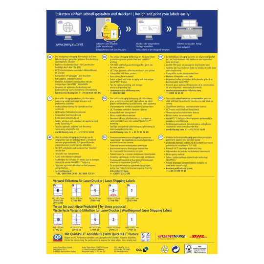 Kuva on Averyn etikettitulostusteknologian mainosmateriaali, jossa on useita kieliä. Se esittelee ultratag-teknologian ominaisuuksia ja etuja lasertulostimille ja sisältää ohjeet QuickPEEL-etikettien käyttöön.