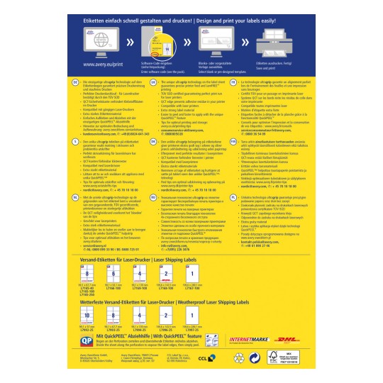 Kuva näyttää tietoa Averyn etikettien tulostusteknologiasta, mukaan lukien ominaisuudet, edut ja tekniset tiedot useilla kielillä. Se mainostaa QuickPEEL-ominaisuutta helppoon etiketin kiinnittämiseen ja tarjoaa yhteystiedot asiakaspalvelulle.