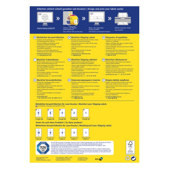Kuva on mainosopas BlockOut Shipping Labels -tuotteille, korostaen ominaisuuksia, käyttövinkkejä ja monikielisiä käännöksiä. Se sisältää tietoja tulostusvaihtoehdoista, tarrojen ko'oista ja asiakaspalvelutiedoista.