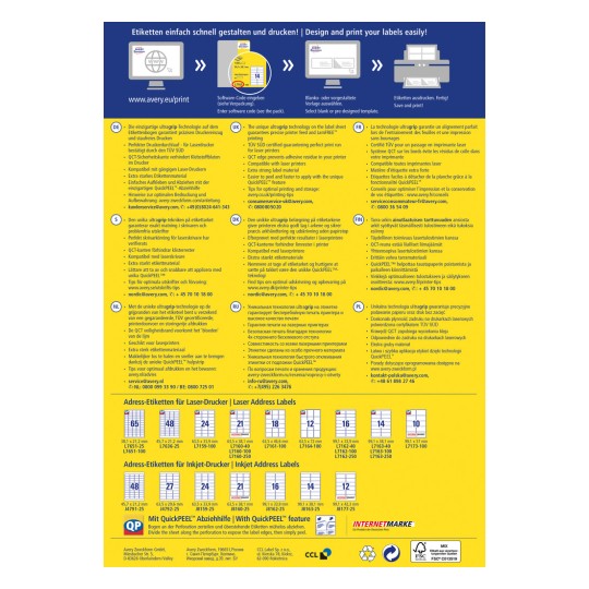 An informative label design guide outlining features and instructions for Avery labels, including details about UltraGrip technology, compatibility, and various label types for laser and inkjet printers.