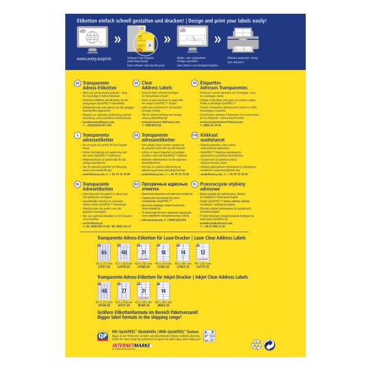 Kuva on mainosmuotoilu, joka esittelee Averyn läpinäkyviä osoitetarroja. Se sisältää monikieliset ohjeet suunnitteluun ja tulostukseen sekä luettelee eri etikettimuodot eri tulostintyypeille. Suunnittelu korostaa helppokäyttöisyyttä ominaisuuksilla, kuten QuickPEEL.
