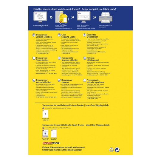 Kuvassa on Averyn läpinäkyvien osoitetarrojen mainosjuliste. Se sisältää ohjeet useilla kielillä ja korostaa yhteensopivuutta laseri- ja mustesuihkutulostimien kanssa. Tarjolla on erilaisia tarraoptioita ja malleja helppoa suunnittelua ja tulostusta varten.