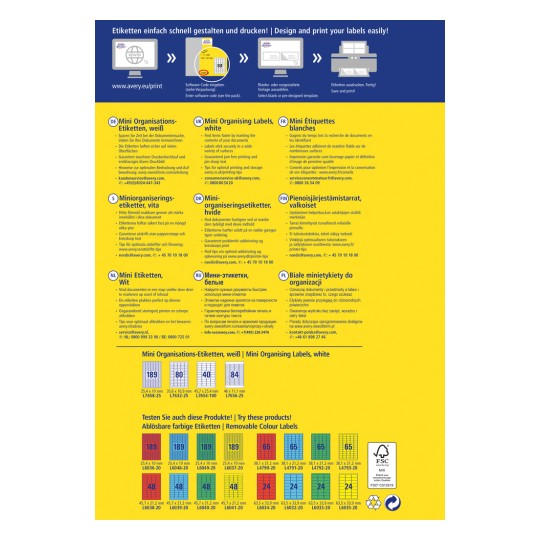 Tiedotuskuva, joka mainostaa Avery Mini Organising -tarroja. Se sisältää ohjeet useilla kielillä siitä, kuinka suunnitella ja tulostaa tarrat nopeasti. Kuvassa on erilaisia tarrakokoja ja monia värejä, jotka korostavat niiden käyttöä asiakirjojen järjestämiseen.