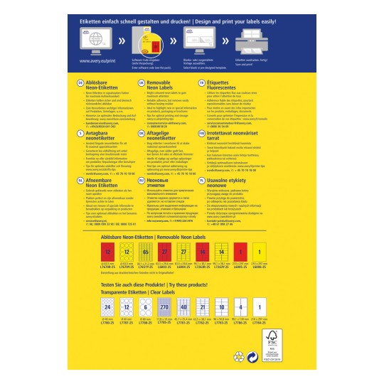 Kuva on informatiivinen esite Averyn irrotettavista neonetiketeistä, joka sisältää yksityiskohtia useilla kielillä, suunnitteluvaihtoehtoja ja tuotespesifikaatioita.