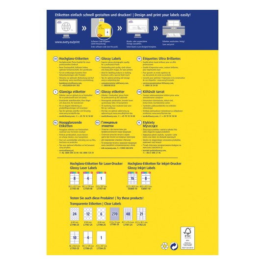 Tämä kuva on Averyn kiiltävien etikettien mainosesite, joka esittelee erilaisia etikettejä laser- ja mustesuihkutulostimille. Se sisältää tuotteen mitat, tulostusvinkkejä ja asiakaspalvelun yhteystiedot useilla kielillä.