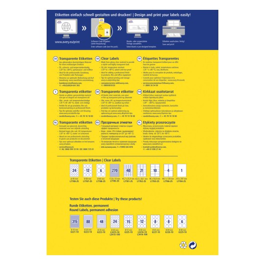 Kuva sisältää tietoa Averyn läpinäkyvistä ja kirkkaista tarroista, mukaan lukien tekniset tiedot, käyttöehdotukset ja tuotenäytteet useilla kielillä. Se korostaa erimuotoisia ja -kokoisia tarroja eri tulostussovelluksiin.