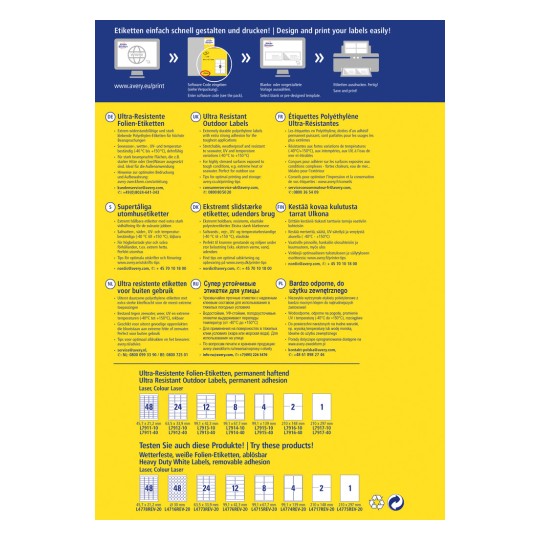 Kuva on mainos tai informatiivinen grafiikka Avery'n erittäin kestävistä ulkokäyttöön tarkoitetuista etiketeistä, esittelee ominaisuuksia, ohjeita ja erilaisia etikettikokoja, joita on saatavilla tulostamiseen. Se sisältää monikieliset kuvaukset ja yhteystiedot.