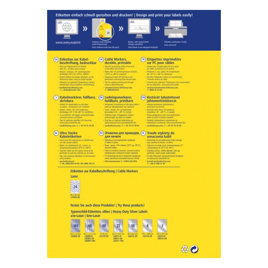 Kuva sisältää tietoa erilaisista kaapelimerkinnöistä ja etiketeistä. Se sisältää tuotekuvauksia useilla kielillä korostaen niiden kestävyyttä, lämpötilankestävyyttä ja käyttövinkkejä kaapeleiden järjestämiseen eri ympäristöissä. Mukana on myös osio, jossa esitellään tiettyjä etikettikokoja ja niiden tilauskoodeja.