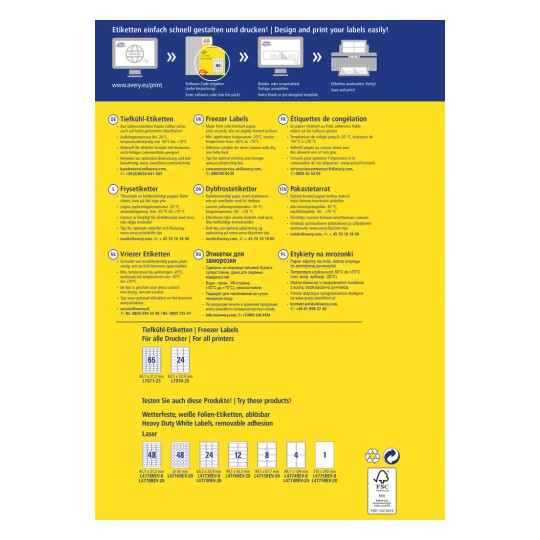 Kuva esittää erilaisia etikettejä, mukaan lukien pakastimen etiketit, yksityiskohtaisesti niiden tekniset tiedot, käyttöön liittyvät lämpötilat ja tulostusvaihtoehdot. Se sisältää etikettejä useilla kielillä ja antaa hyödyllisiä vinkkejä optimaaliseen käyttöön.